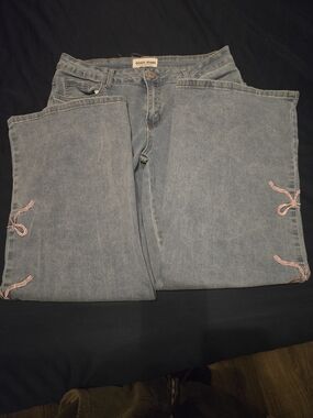 GOGO Light Blue Flared Jeans with Pink Bow Embroidery